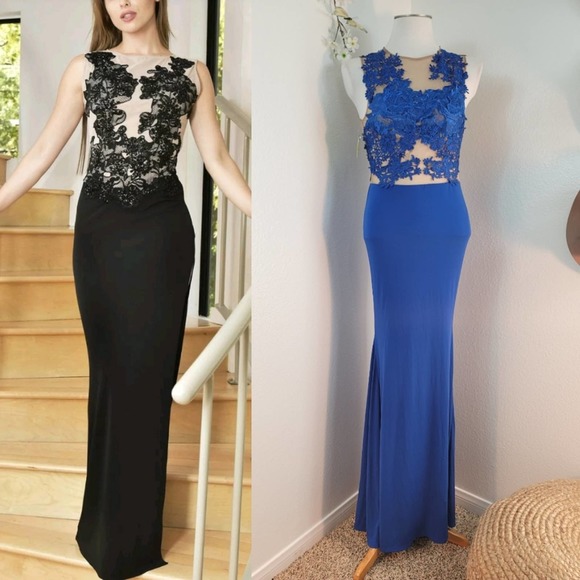 CQ by CQ BLUE LONG LACE MAXI  FORMAL DRESS sz SMALLL - Picture 1 of 12